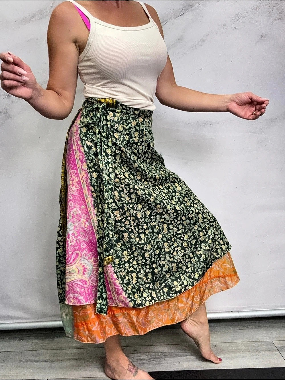 Floral Midi Skirt in Green & Orange Silk blend